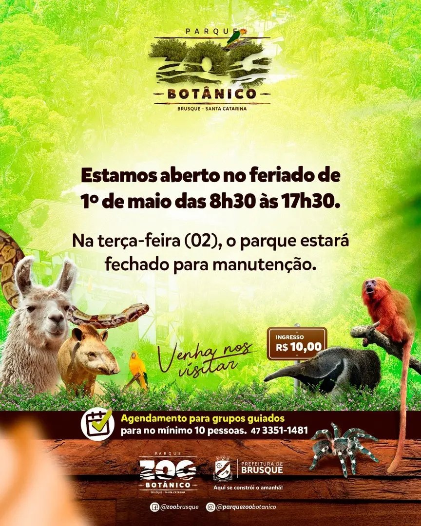 Zoobot&acirc;nico de Brusque &eacute; op&ccedil;&atilde;o para o feriado nesta segunda-feira (01)