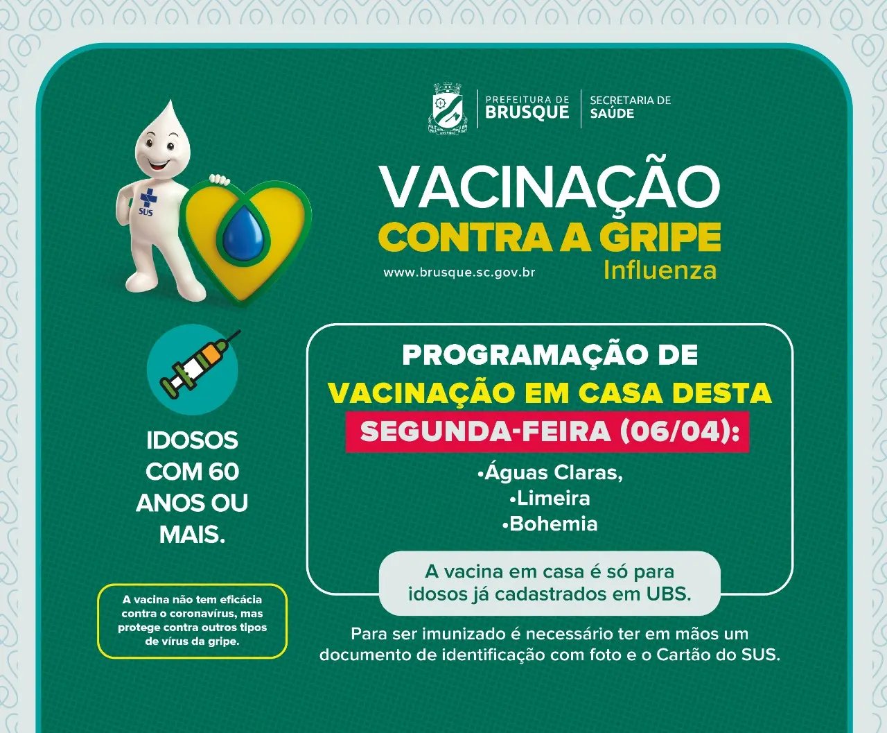 Tr&ecirc;s bairros de Brusque recebem as equipes m&oacute;veis para vacinar idosos contra a gripe