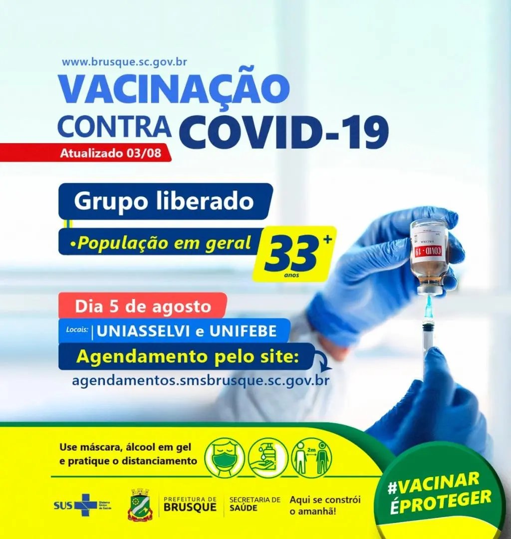 Brusque abre agendamento para vacina a pessoas com 33 anos ou mais