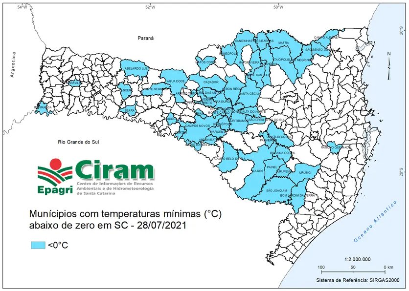Santa Catarina tem 53 cidades com temperaturas abaixo dos 0&ordm;C