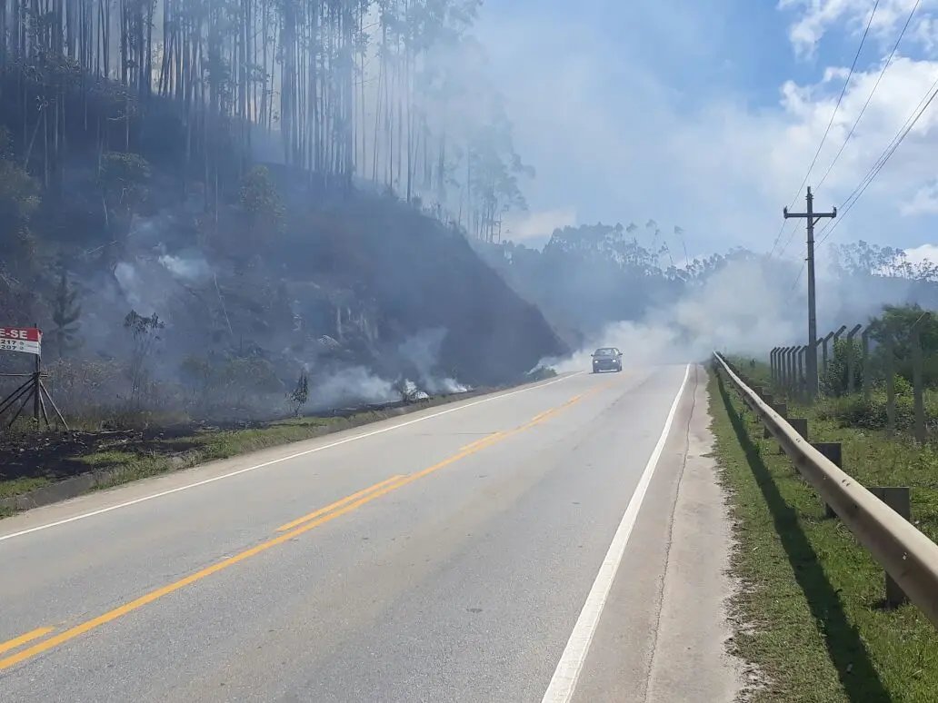 Fogo em vegetação atrapalha motoristas na SC-108