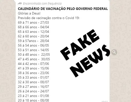 Not&iacute;cia sobre calend&aacute;rio de vacina&ccedil;&atilde;o contra Covid-19 &eacute; falsa