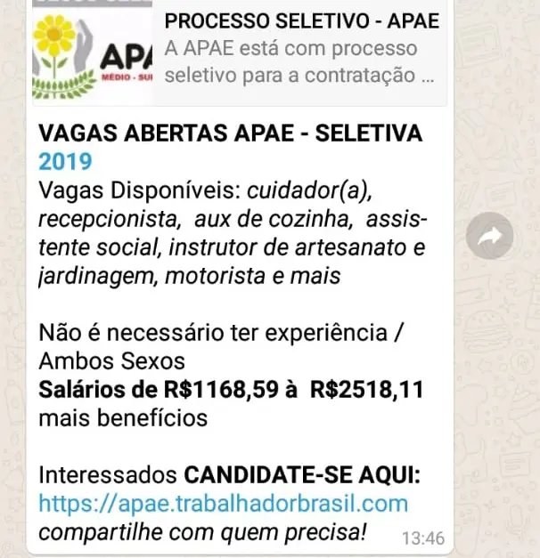 Not&iacute;cia sobre processo seletivo para Apae de Brusque &eacute; falsa