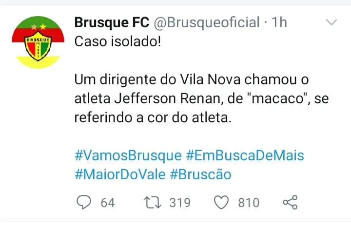 Brusque FC denuncia caso de inj&uacute;ria racial no Twitter do clube 
