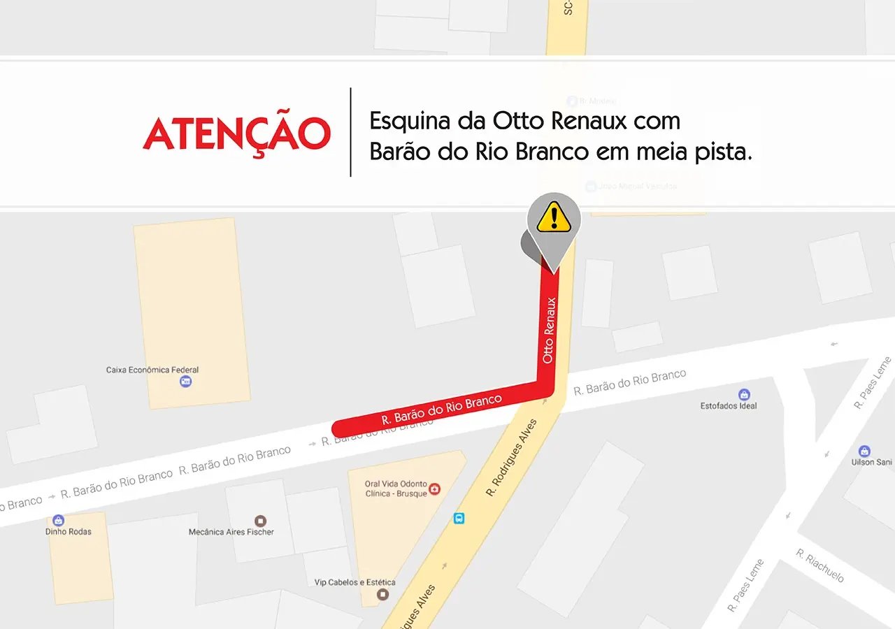 Atenção: Trecho da Otto Renaux estará em meia pista