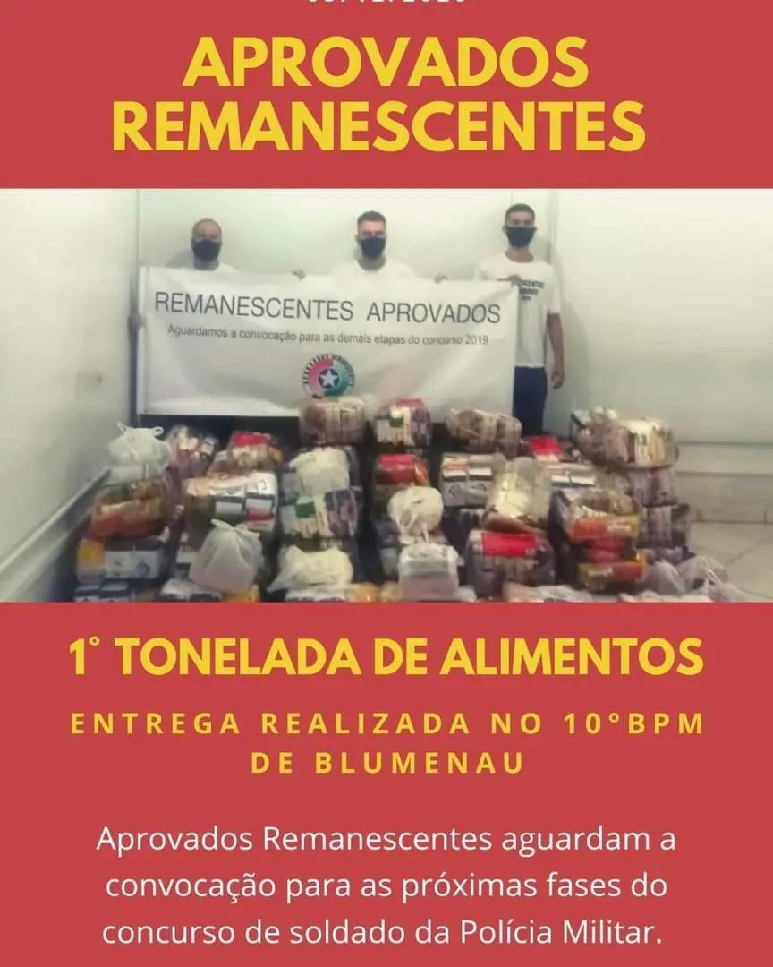 Aprovados remanescentes do concurso da pol&iacute;cia  militar entregam uma tonelada de alimentos 
