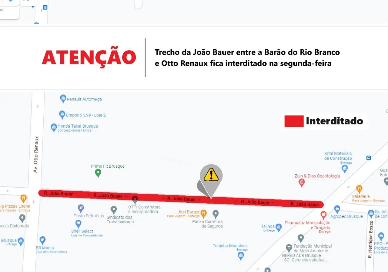 Rua Jo&atilde;o Bauer ter&aacute; trecho interditado na pr&oacute;xima segunda
