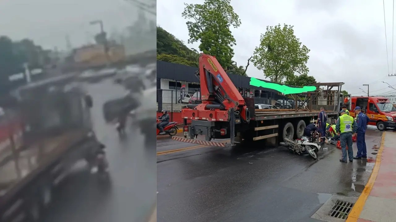 (VÍDEO) Motociclista morre ao cair e ser atingido por caminhão
