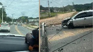 Motorista perde controle de carro, bate e derruba poste em Guabiruba  - 1
