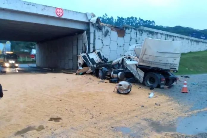 Carreta cai de viaduto e interdita BR-101, em Penha