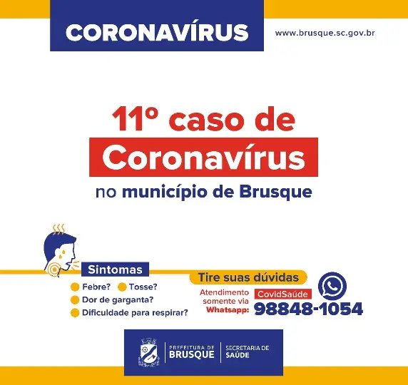 Confirmado o 11&ordm; caso de coronav&iacute;rus em Brusque
