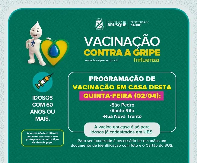 Rua Nova Trento, Santa Rita e S&atilde;o Pedro recebem etapa de vacina&ccedil;&atilde;o contra Influenza (H1N1)