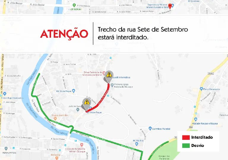 Trecho da rua Sete de Setembro estará interditado neste final de semana