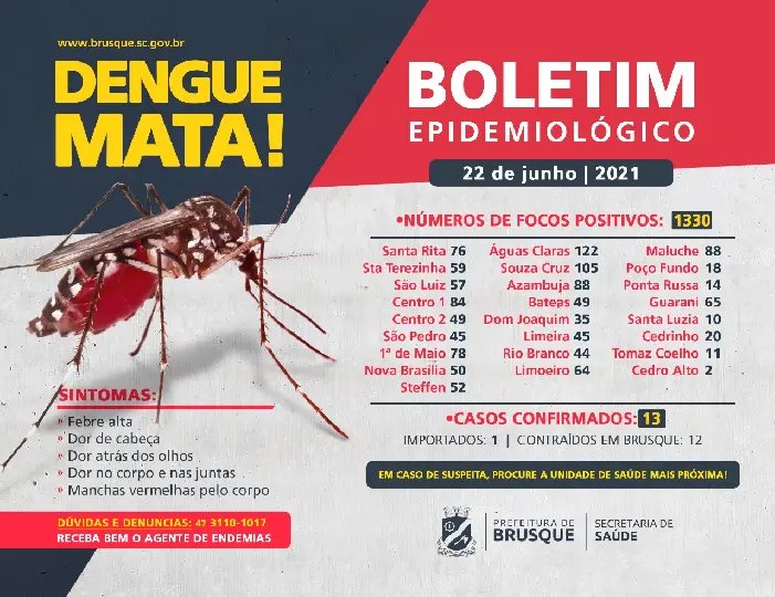 Brusque contabiliza 1.330 focos de dengue em 2021
