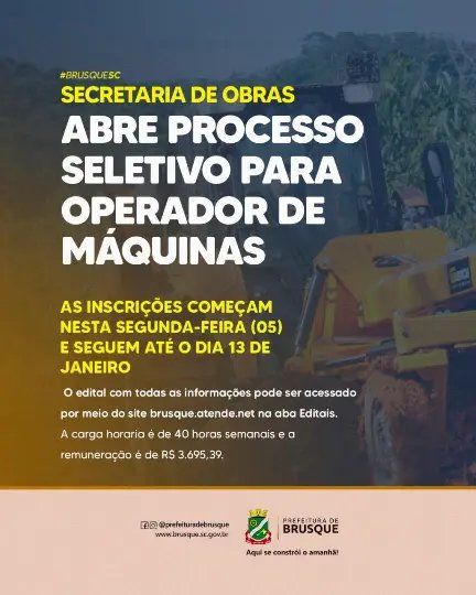Secretaria de Obras abre processo seletivo para Operador de M&aacute;quinas