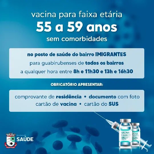 Guabiruba vai vacinar pessoas de 55 a 59 anos sem comorbidades