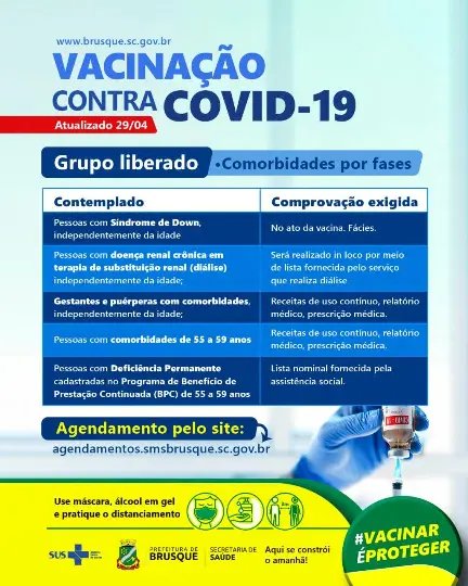 Brusque abre agendamento de vacina a outros grupos priorit&aacute;rios 