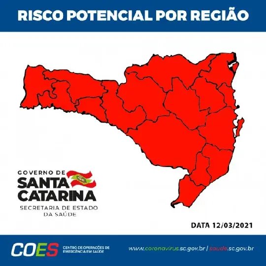 Alerta: SC tem todas as regi&otilde;es em n&iacute;vel grav&iacute;ssimo para a Covid-19