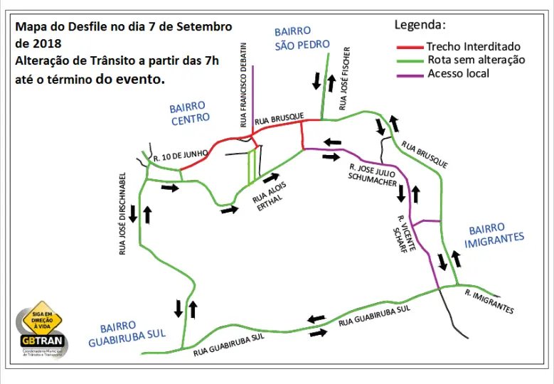 Guabiruba altera trânsito para desfile no feriado