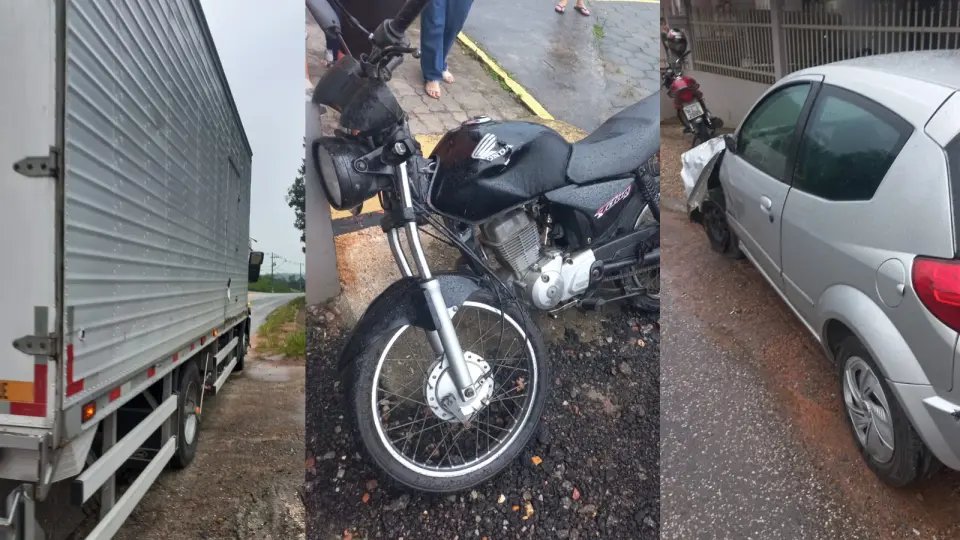 Motociclista é arremessado contra caminhão ao colidir com carro 