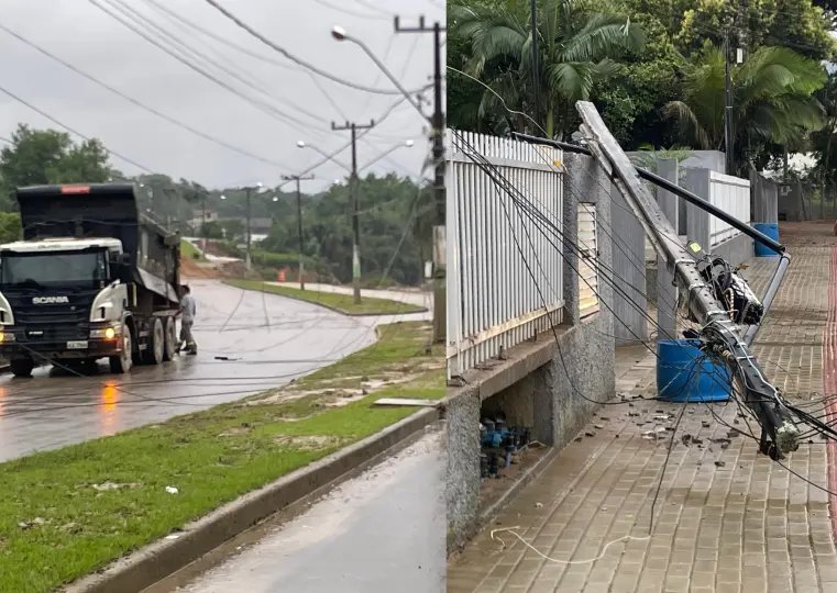 (VÍDEO) Caçamba levantada arrebenta fiação e derruba poste