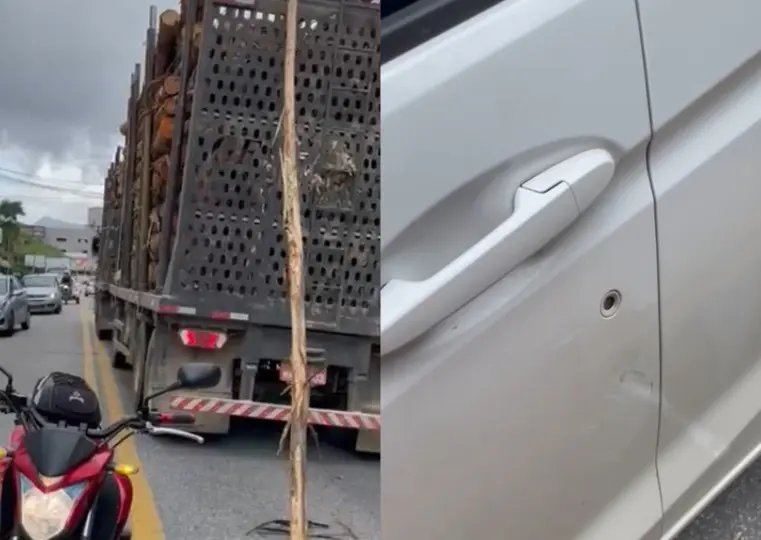 (VIDEO) Tora cai de caminhão e atinge carro em Brusque 