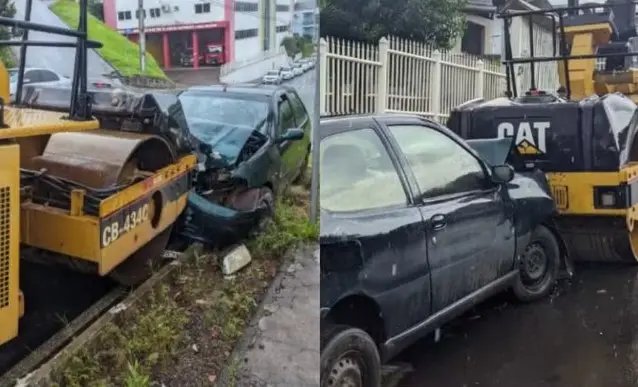 Com bebê de oito meses dentro de carro, mãe colide veículo contra rolo compressor