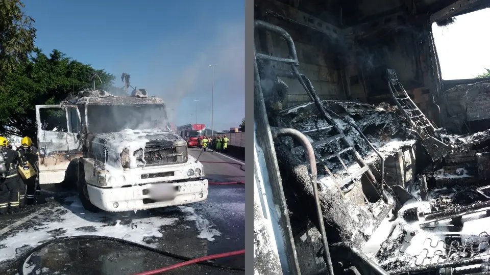 Cabine de carreta fica completamente destruída após incêndio