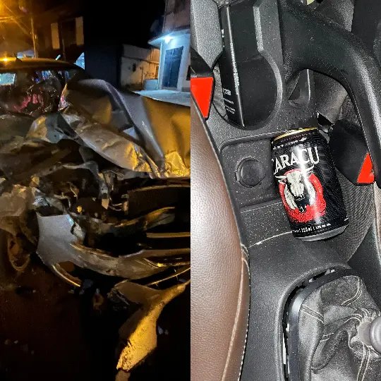 Lata de cerveja é encontrada dentro de carro que colidiu contra muro