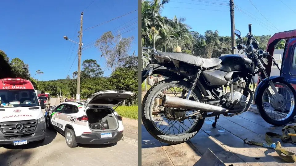 Motociclista que colidiu contra poste sofreu fratura na perna 
