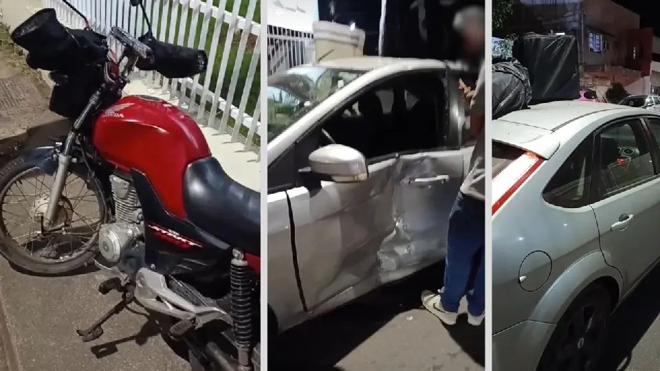 Motociclista vai parar no teto de carro após acidente 