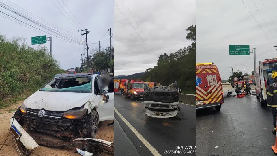 Carros capotam após colisão entre três veículos na rodovia 