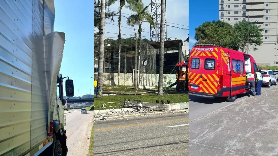Caminhão bate em poste, fere crianças e causa falta de energia