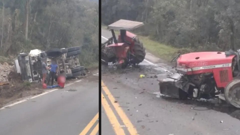Caminhão tomba e trator parte ao meio após acidente na BR-470