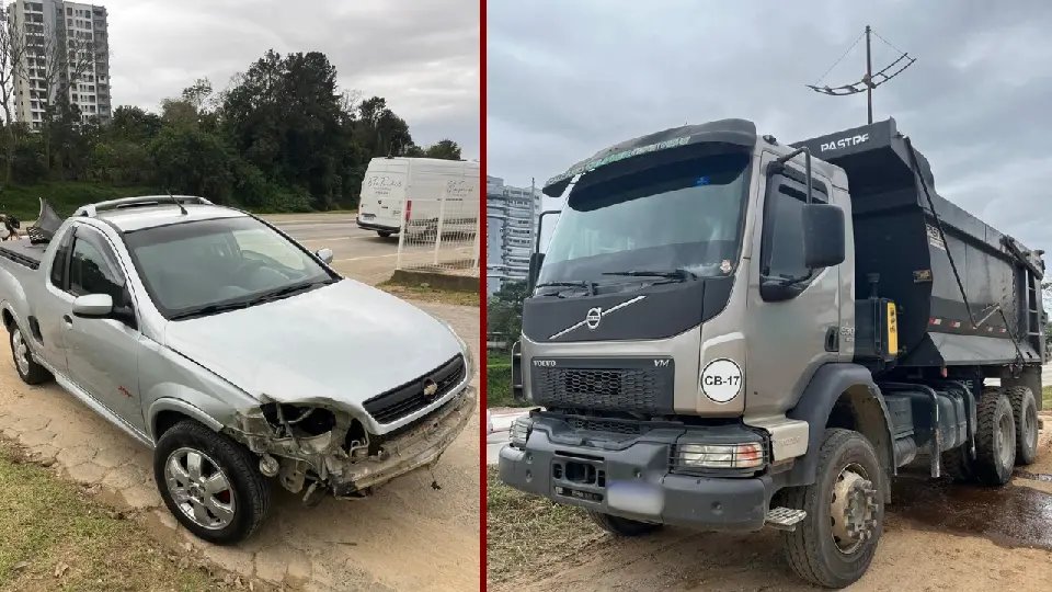 Colisão entre carro e caminhão causa vazamento de óleo