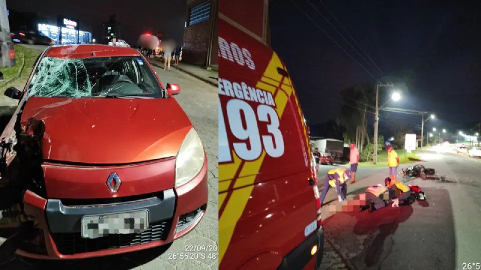 Motociclista fica gravemente ferido após colisão com carro em Gaspar