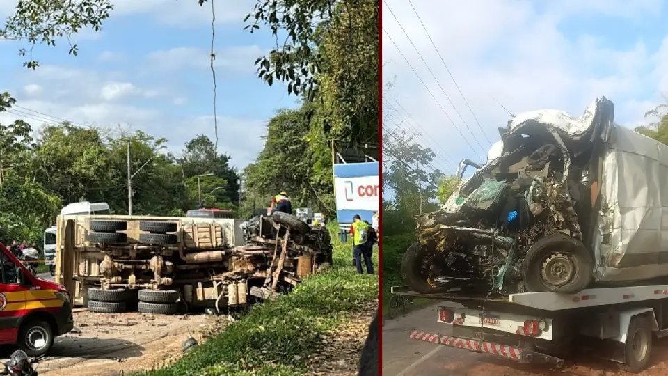 (VIDEO) Motorista morre em grave acidente entre van e caminhão