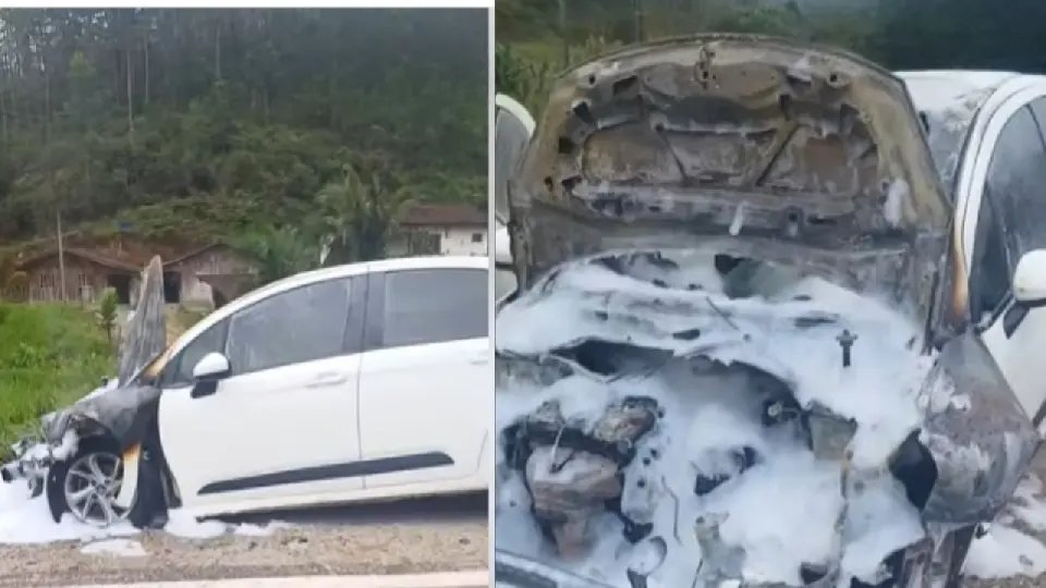Carro pega fogo e parte frontal é destruída na SC-108
