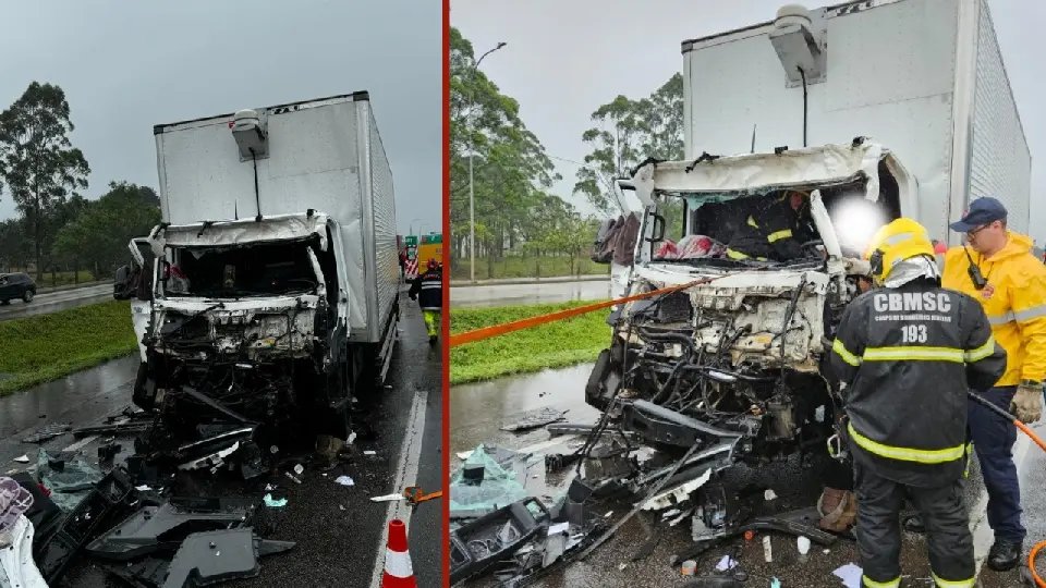 Homem fica preso nas ferragens após colisão entre caminhões