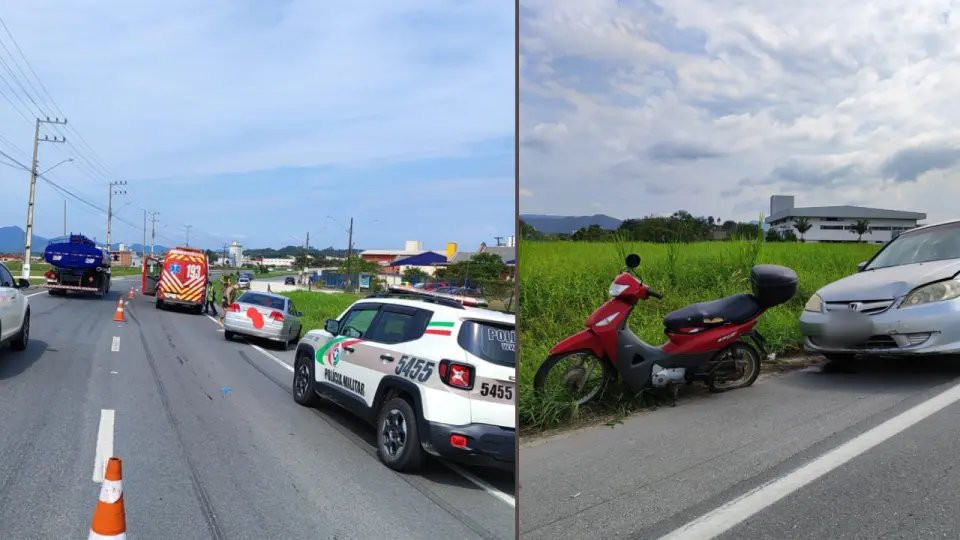 Mulher fica inconsciente após colisão entre carro e moto em Gaspar