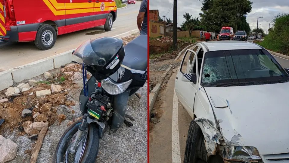 Homem sofre fratura exposta em colisão entre carro e moto