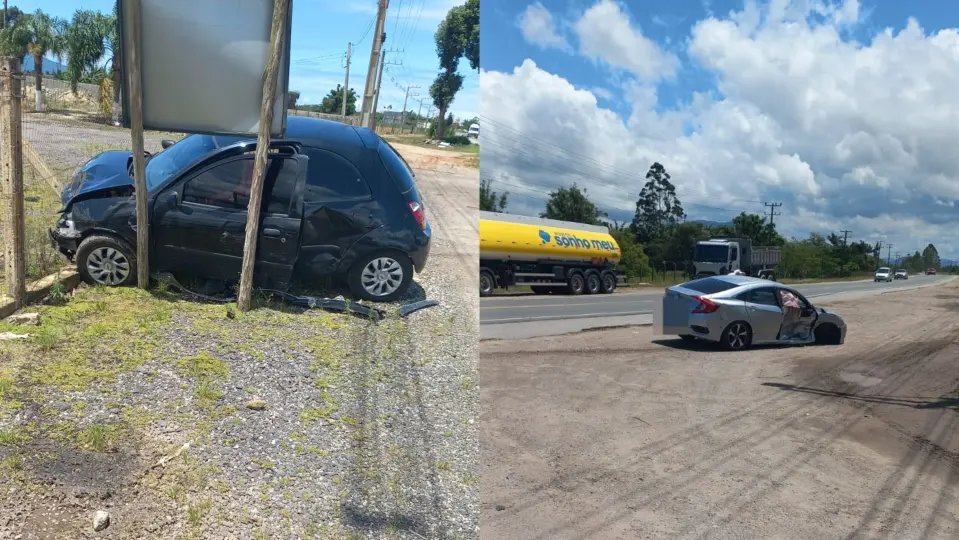 Impacto da colisão faz carro ser projetado para fora da pista na SC-410