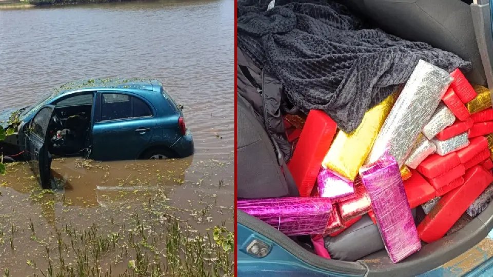 Carro carregado com 250 kg de maconha cai em lagoa durante perseguição policial