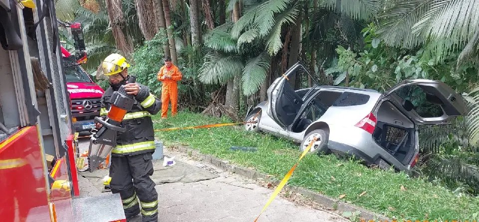 Carro sai da pista e colide em vegetação