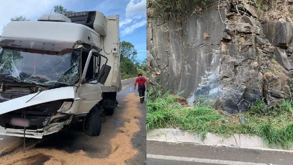 Caminhão perde freio e bate em paredão de pedra em SC 