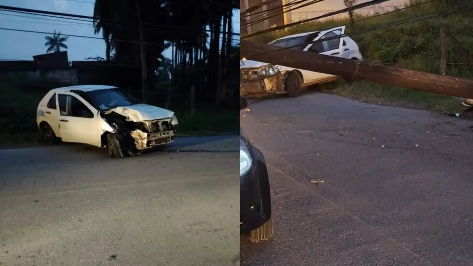 Carro bate e derruba poste no Rio Branco; Celesc trabalha para reparar danos