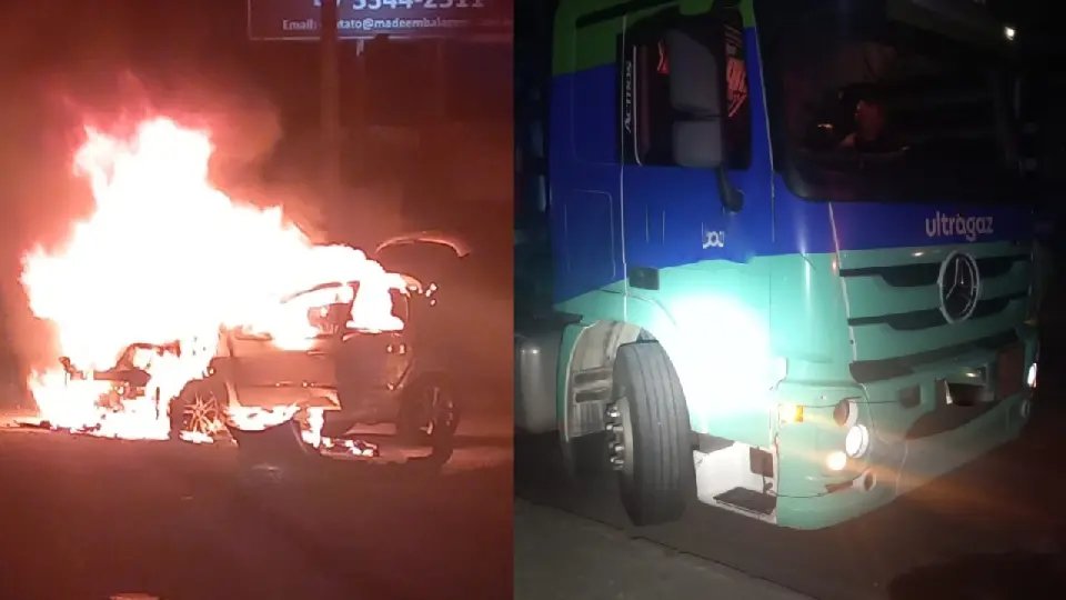 Carro pega fogo após colisão com caminhão na Jorge Lacerda