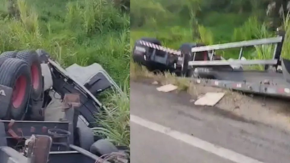Carreta tomba e acidente deixa motorista preso às ferragens