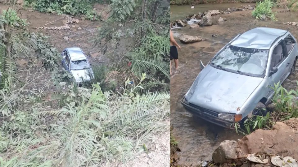 Três pessoas ficam feridas após carro sair da pista e cair em rio no Cedro Alto