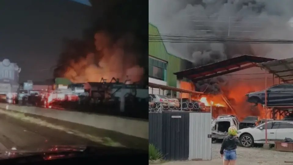 (VÍDEO) Incêndio atinge ferro-velho e mobiliza bombeiros de sete cidades da região